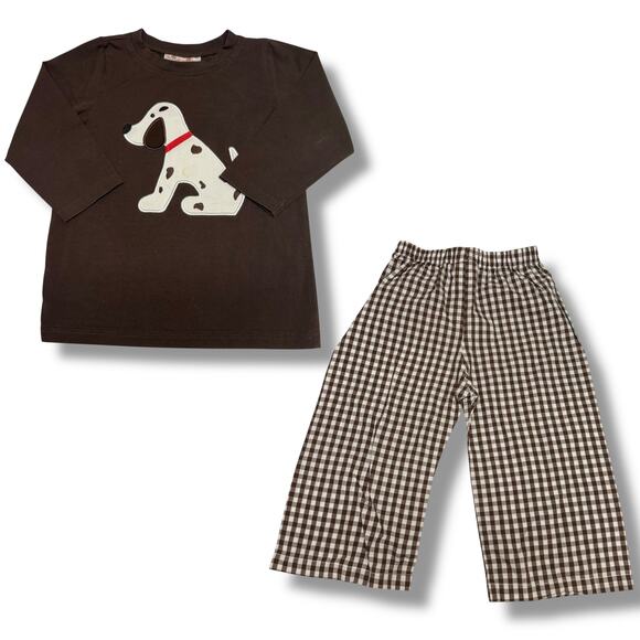 Smock Monkey Boys 2 Piece Set Brown Dog Applique Top White Check Pants Sz 2 - Picture 1 of 10